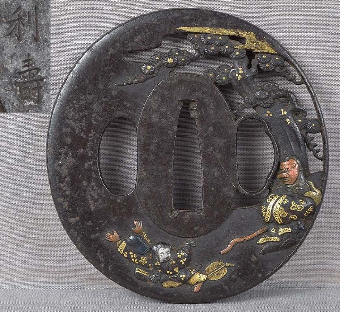 17/18c Japanese sword tsuba Fukurokuju Tengu mask by (1 of 6)