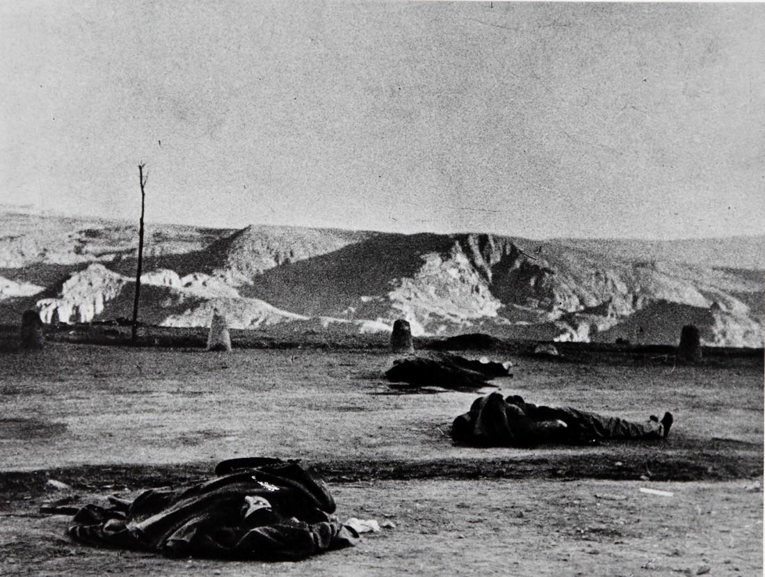 ROBERT CAPA - Loyalist corpses after battle of Teruel: Artist: Robert Capa Title: Loyalist corpses after the battle of Teruel, Spain 1936 Date Printed: 1979 Medium: Photogravure Printer Location: Printed in Italy in 1979 Size: 29 x22 cm - 11x 8 inch Mount