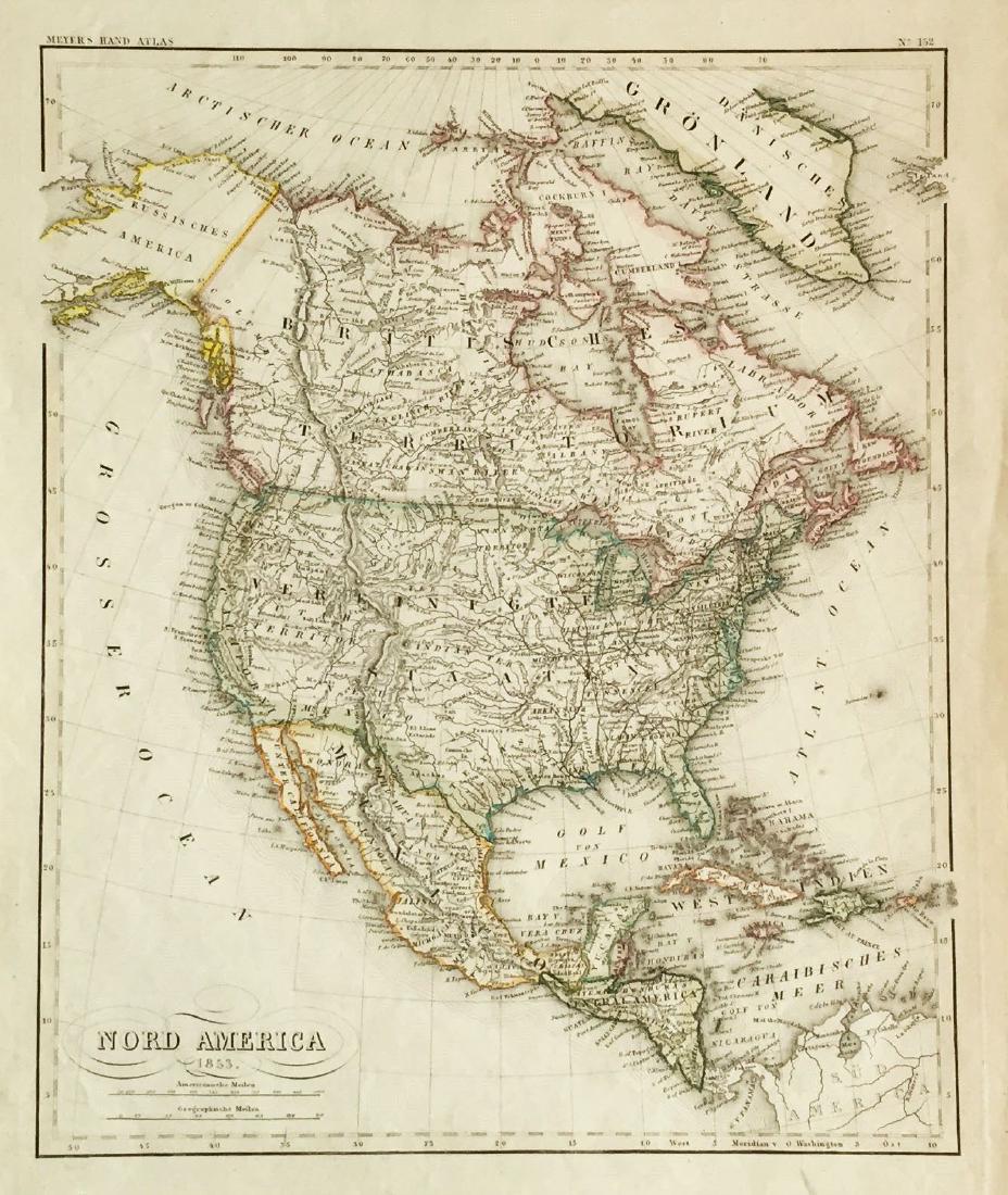 Meyer: North America in 1853: Map Title: Nord America Cartographer: Bibliographischen Instituts. Place & Date: Hildburghausen / 1853 Size: 11 3/4" x 14 3/8" Condition: original color; overall age toning, some spotting in the margi