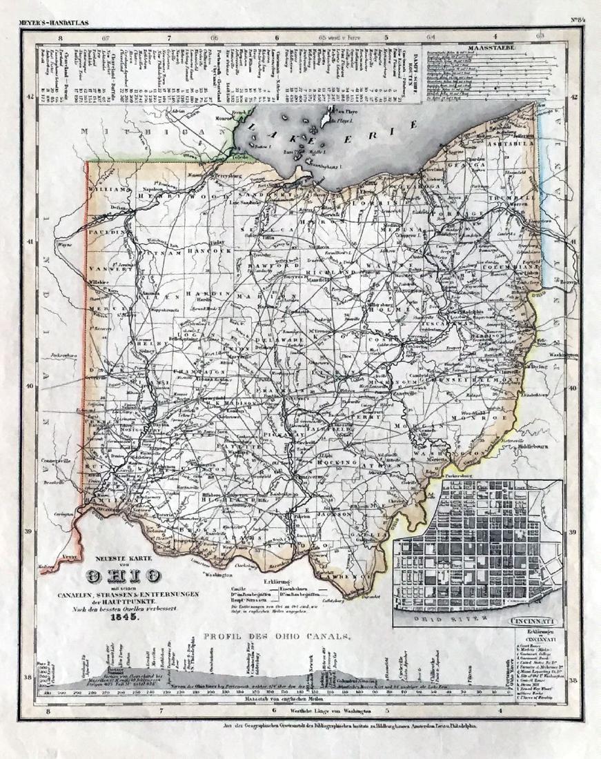 Meyer: Ohio with Cincinnati Inset: Map Title: Neueste Karte von Ohio Cartographer: Bibliographisches Instituts. / Joseph Meyer Place & Date: Hildburghausen / 1845 Size: 11 7/8" x 14 5/8" Condition: original outline color; light overall