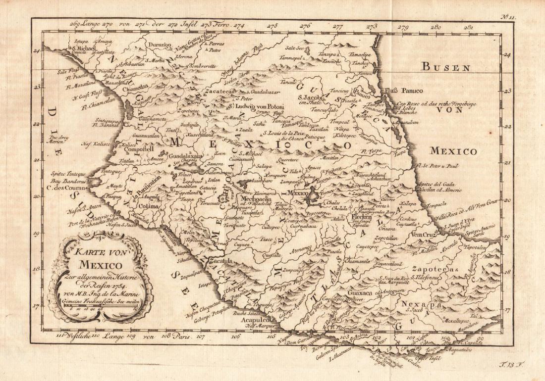 Bellin: Mexican Heartland: Map Title: Karte von Mexico Cartographer: Bellin Place & Date: Leipzig / 1754 Size: 11 3/8" x 8 1/4" Condition: b&w; light overall age toning and some minor spotting, mostly in the margins Bellin's ch