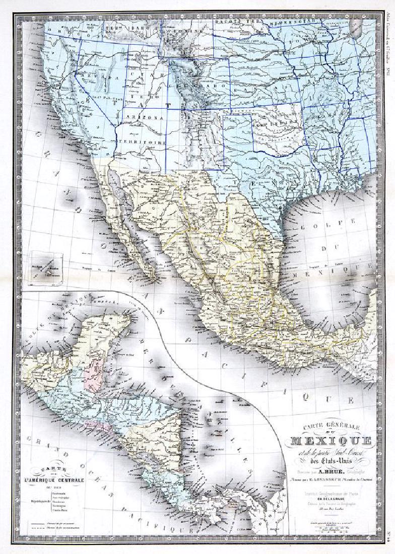 Brué: Mexico/Southwest US/Central America Inset: Map Title: Carte Generale du Mexique et de la Partie Sud-Ouest des Etats Unis Cartographer: Brue/Levasseur Place & Date: Paris / 1876 Size: 14 1/4" x 20" Condition: wash color; light overall age tonin