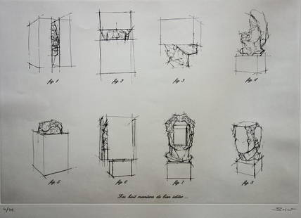 Sacha SOSNO - Eight faces cut, Signed original etching: Sacha SOSNO Eight half-cut faces, 1996 Original etching (Etching) on wove paper Signed in pencil Numbered / 99 ex On vellum BFK Rives 56 x 76 cm In excellent condition Please note that this lot has a