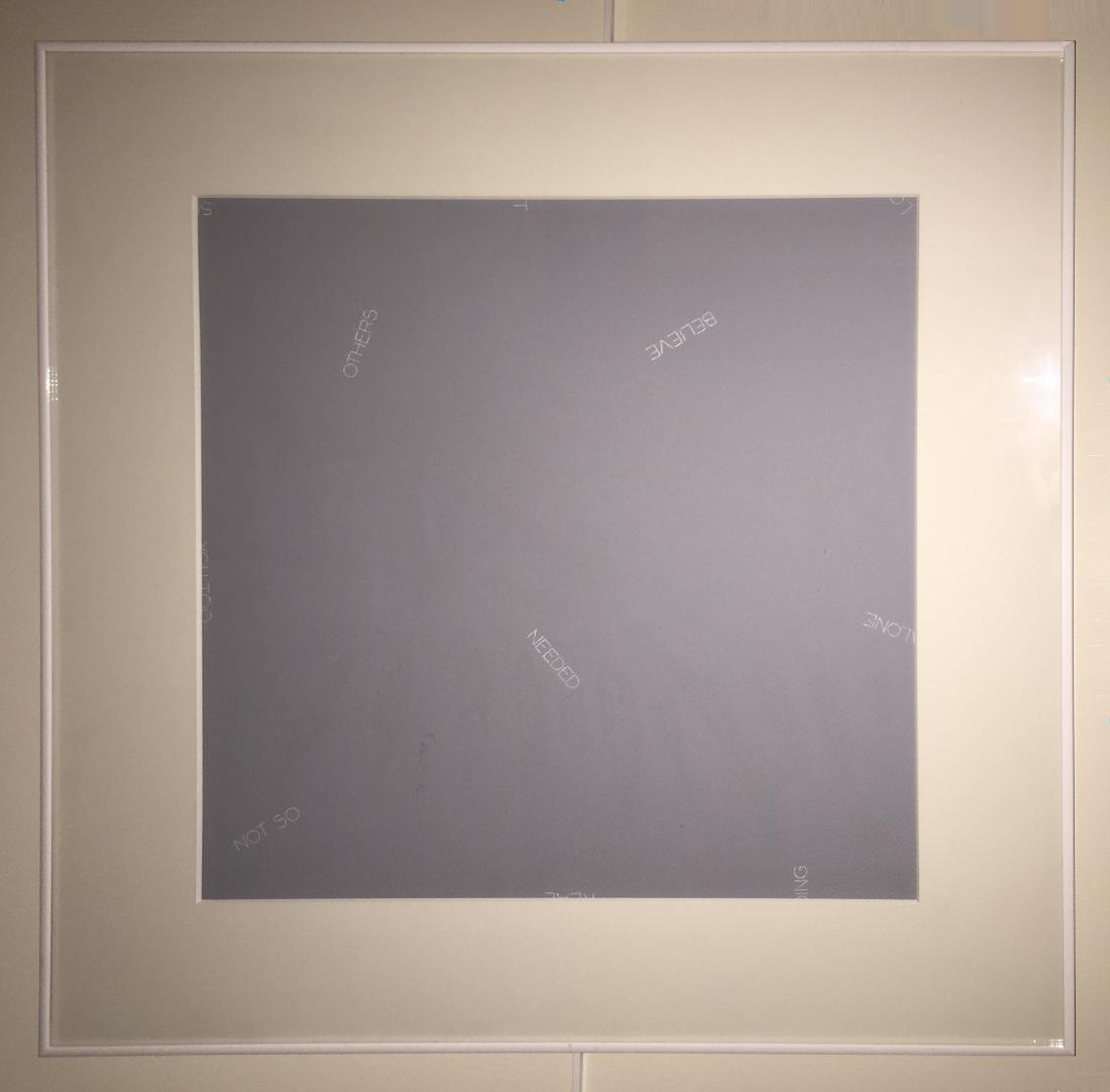 Robert BARRY - "Believe", 1989, Acrylic on signed paper: Robert BARRY "Believe", 1989 Acrylic on paper Described, located, signed, dated lower back. Dimensions: 38 x 38 cm (without frame) / 54.5 x 54.5 cm (box) Exhibition: Robert Barry, Villa d'Arson, Nice,