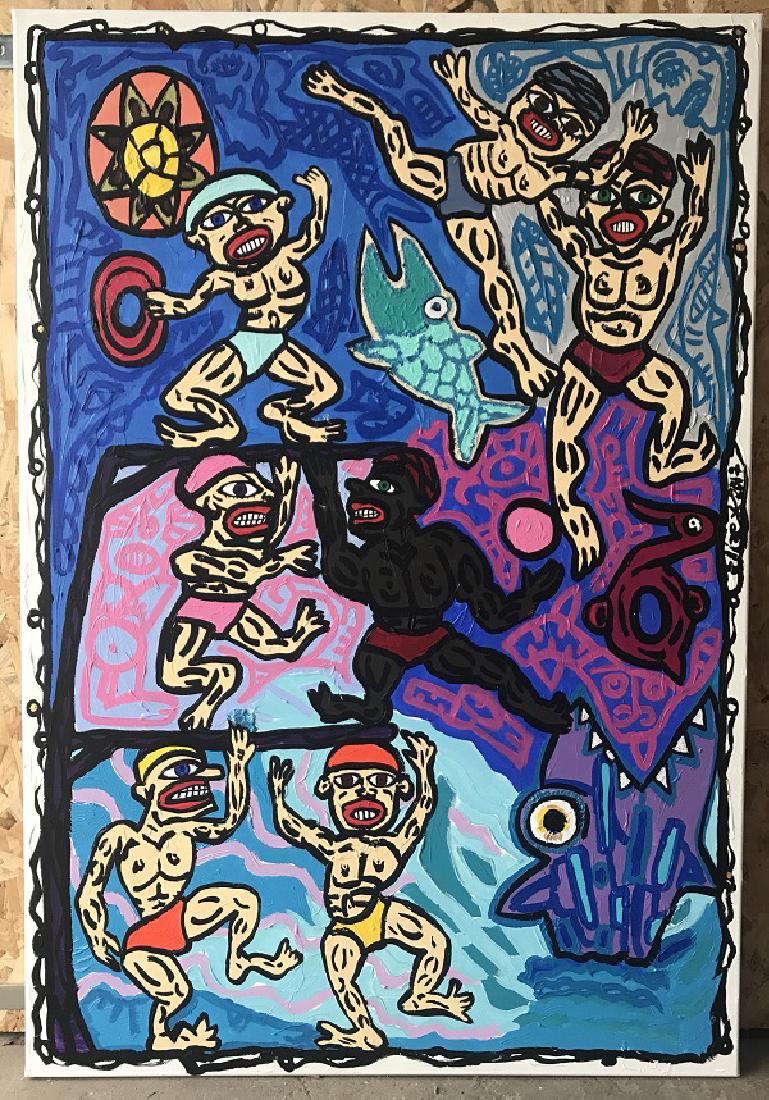 Elizabeth TOHME (1981), Swimming 2017 acrylic on canvas: TOHME Elizabeth (1981) Swimming, 2017 Acrylic on canvas 130 x 89 cm In the style of Robert COMBAS Elize was born in 1981 in Finland and has lived in France since her youngest age. Her vision is multic