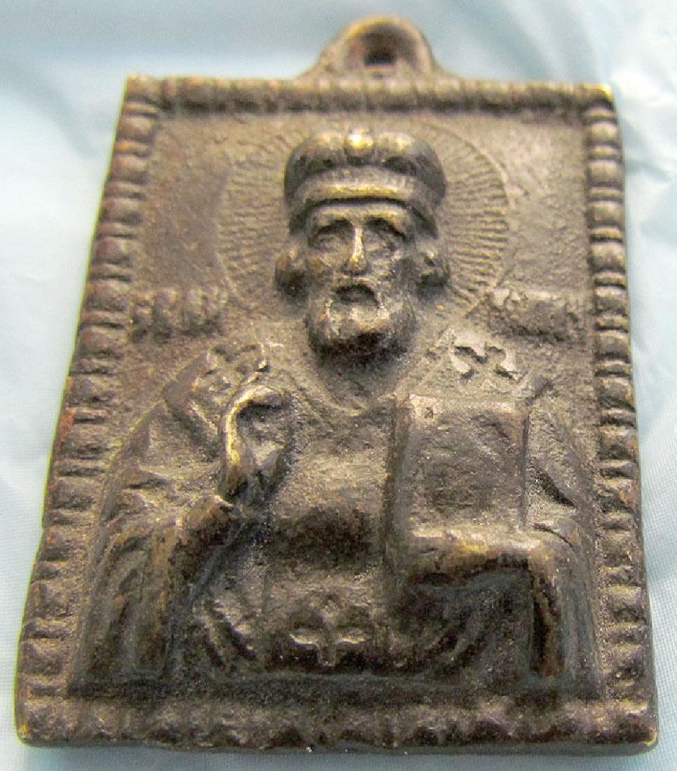 ANTIQUE RUSSIAN BRONZE ICON PENDANT OF ST. NICHOLAS (1 of 3)