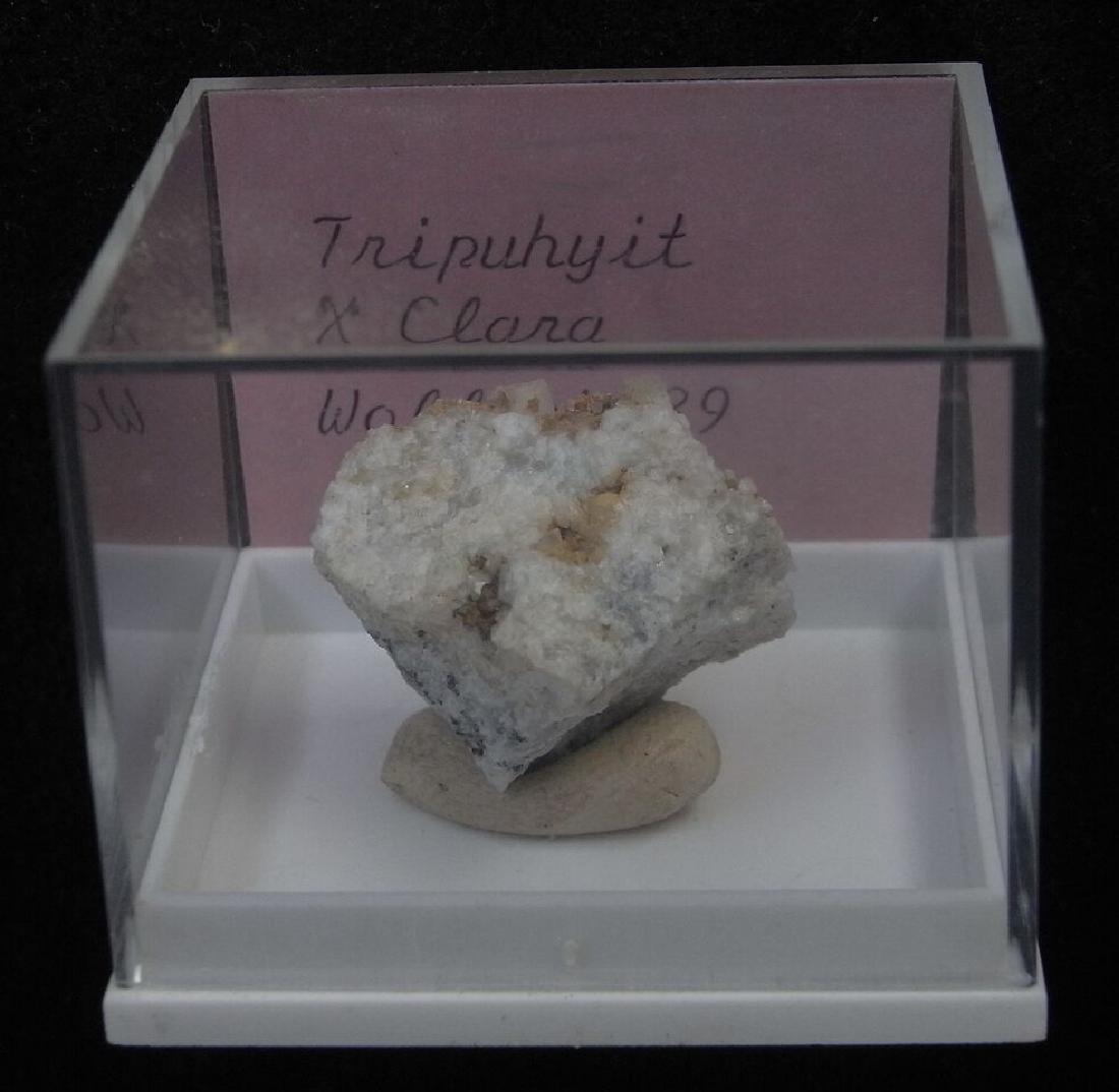 Tripuhyite - RARE: Title: Tripuhyite - RARE Origin: Clara Mine, Oberwolfach, Black Forest, Germany Size: 1.5x1.5x1 cm small brown crystals of tripuhyite on quartz. Rare mineral. In acrylic display box Please note that t
