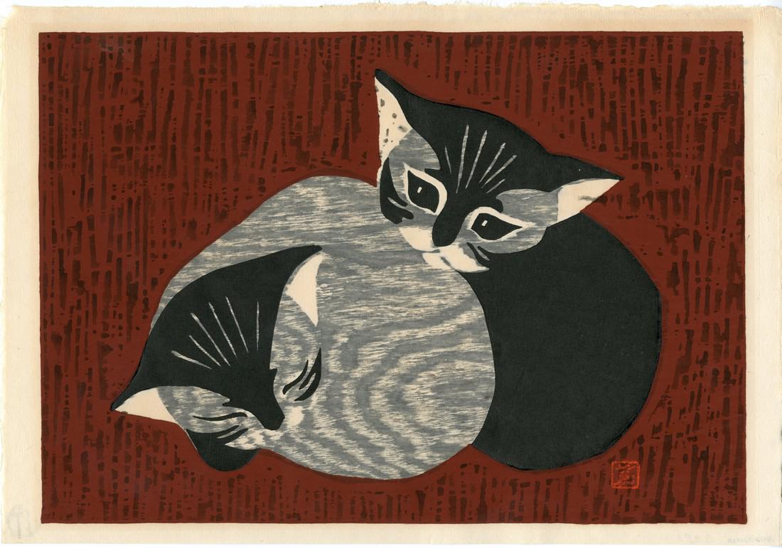 Kaoru Kawano Woodblock Print Two Kittens (1 of 2)