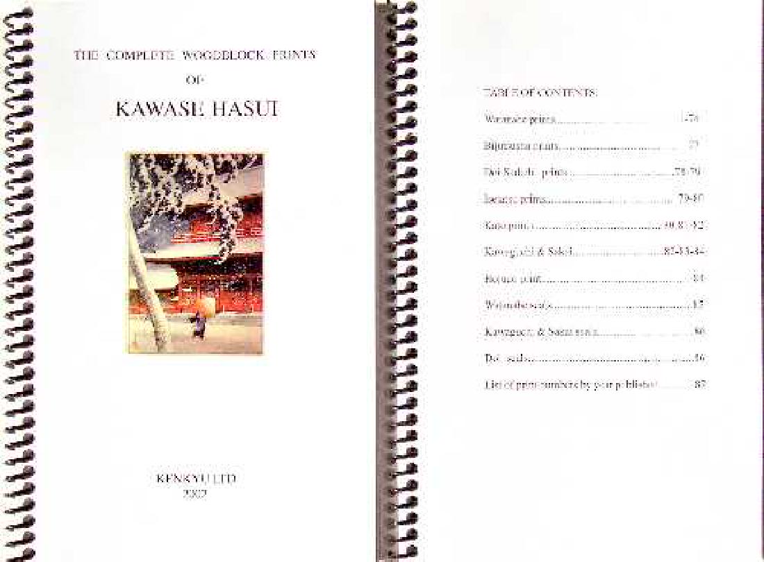 The Complete Woodblock Prints of Kawase Hasui Booklet: Title "The Complete Woodblock Prints of KAWASE HASUI" Booklet (by Kenneth Darling) Date 2003 (only edition) Series na Publisher "KenKyu Ltd" (self-published, copyright being sought) Seal, Carver/Print