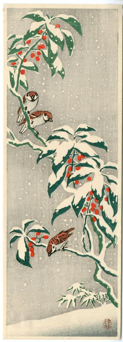 Ohara Koson Woodblock Print Tree Sparrows on a (1 of 2)