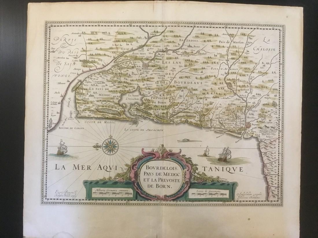 Bordeaux and Medox, famous wine growing region of: Bordeaux and Medox, famous wine growing region of France. 1631. Amsterdam by J. Johannes.. 22 1/2 x 19 1/4”. Please note that this lot has a confidential reserve. When you leave a bid in advance of 