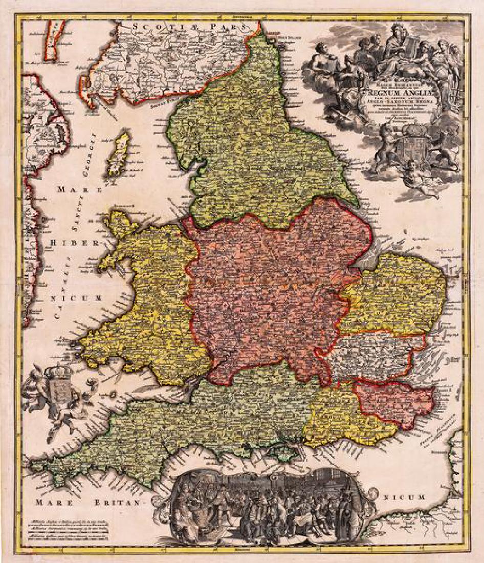 1720 Magnae Britanniae Pars Meridionalis in qua Regnum: By: Johann Baptist Homann Date: 1720 (circa) Dimensions: 19 x 22.25 inches (48.5 x 56.75 cm) This striking map is based upon Visscher's map of 1695 delineating counties and showing the boundaries of t