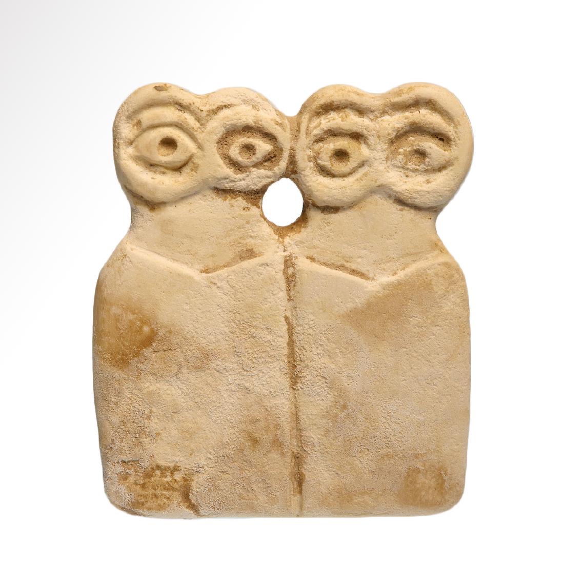 Tell Brak Steatite Double Eye Idol, 4th Millennium B.C.: Item: Tell Brak Steatite Double Eye Idol, 4th Millennium B.C. Date & Origin: Tell Brak, Syria, c. 3300 BC Material: Steatite Dimension: 8.5 cm H - 3 3/8 inches Provenance: British private collection,
