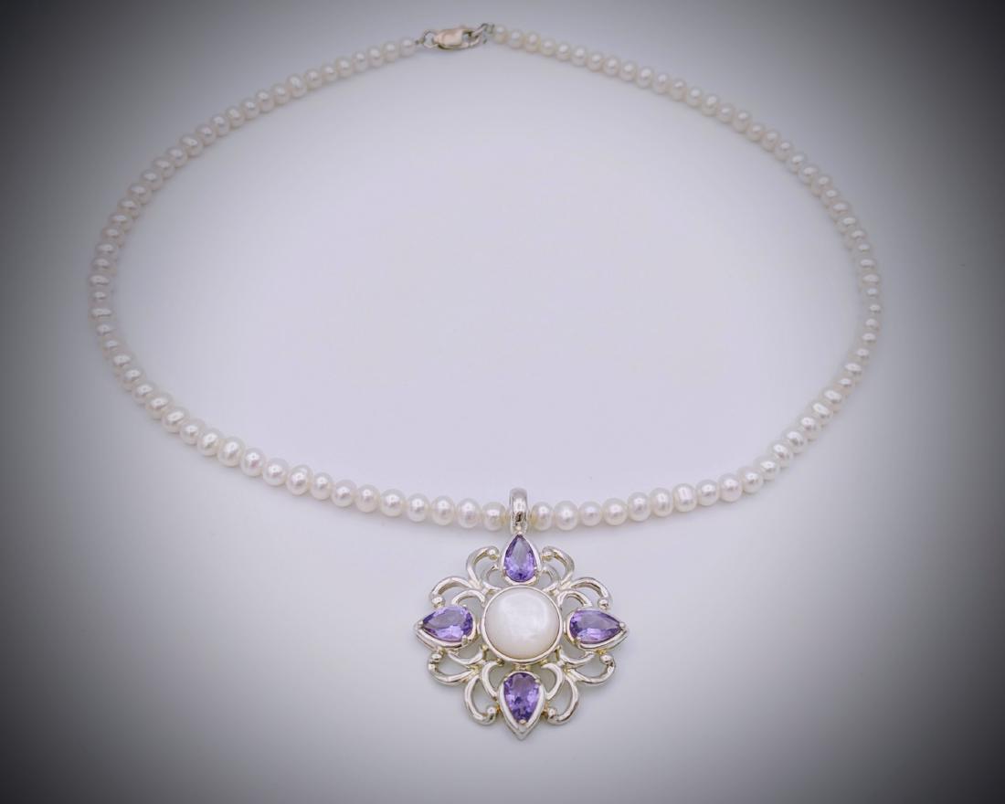 Sterling Silver Pearl Amethyst MOP Necklace (1 of 3)