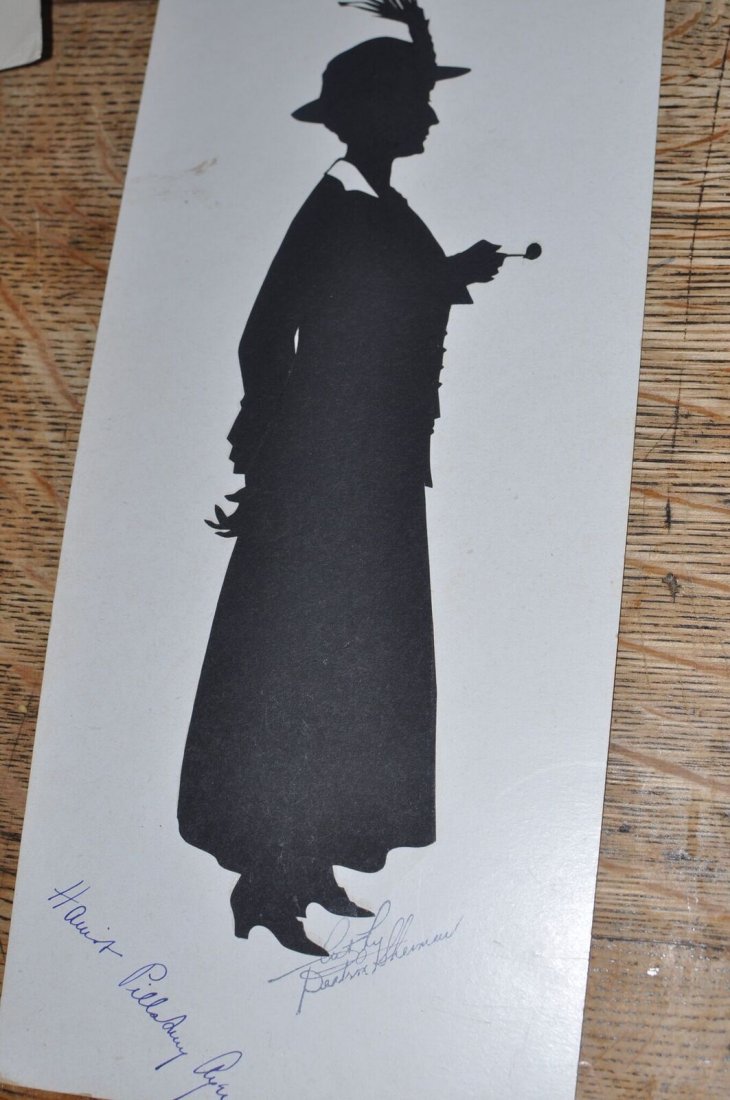 Autographed silhouette of Harriet Pillsbury Ayer: Date/Period: circa 1920 Materials: Paper silhouette, signed with pen Dimensions: 12"x6" backing Description: by Beatrix Sherman, signed in pen, the sitter was a socialite from a prominent family Pleas