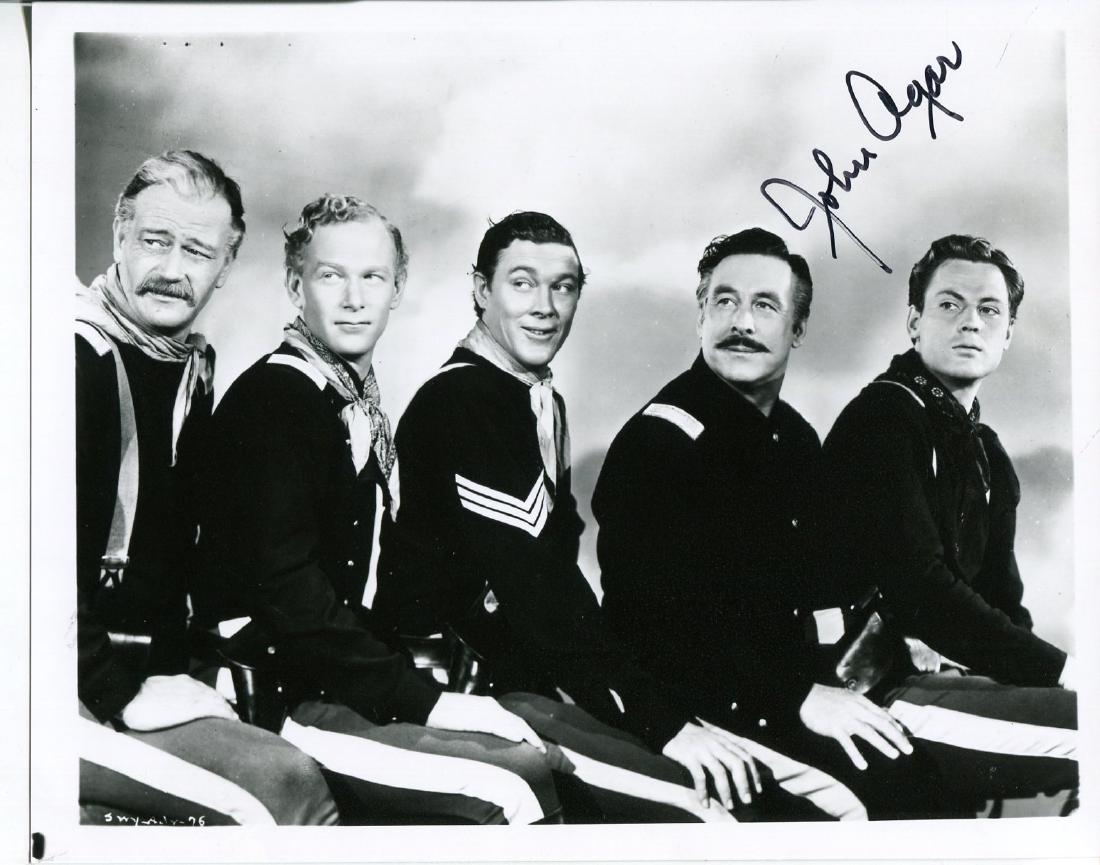 John Agar Autograph: John Agar Autograph Signed B/W photo from the movie She Wore a Yellow Ribbon. Photo includes John Wayne, Ben Johnson, Harry Carey Jr., John Agar, & George O'Brien. 8" x 10" Please note that this lot h