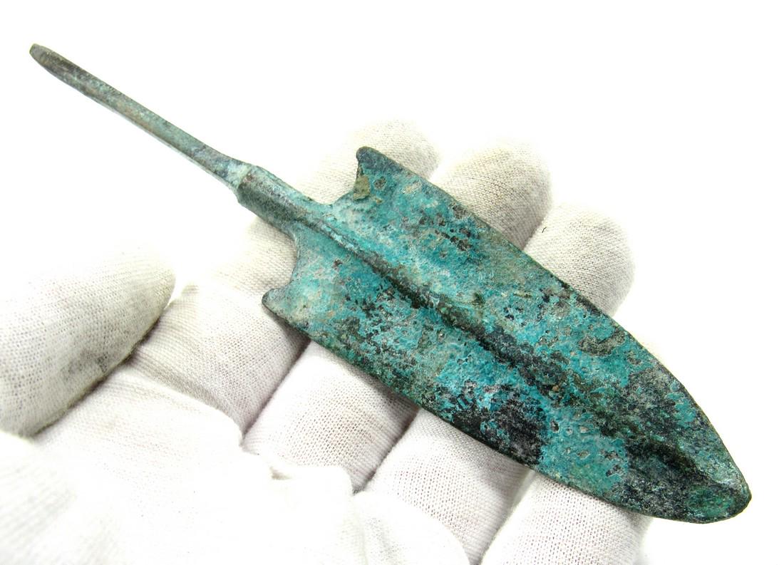 Ancient Greek Bronze Spear: Ancient Greek Bronze Spear Date: Circa 400 BC Ancient Greek Bronze Spear. This item has been professionally cleaned to show original details, and includes a lifetime authenticity certificate. Material