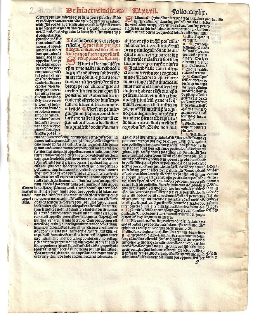 1516 Leaf Catholic Decretales of Pope Gregory IX: 1516 Leaf from the Decretales of Pope Gregory IX, printed at Paris. In red and black. Includes copy of the printer’s imprint with emblem of Thielman Kerver. Fine condition, measures 7 x 9". Please n