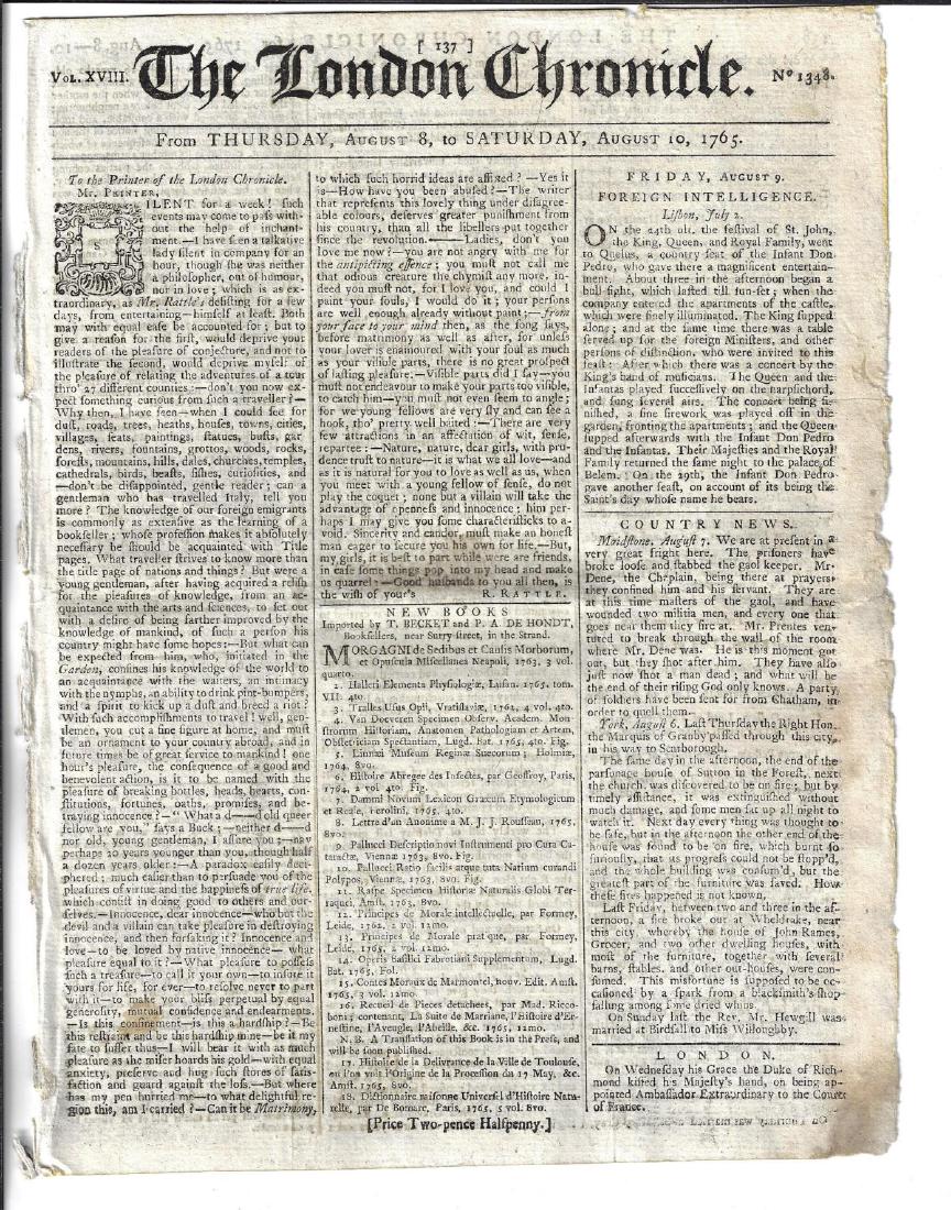 1765 London Chronicle Stamp Act w/ Tax Stamp (1 of 2)