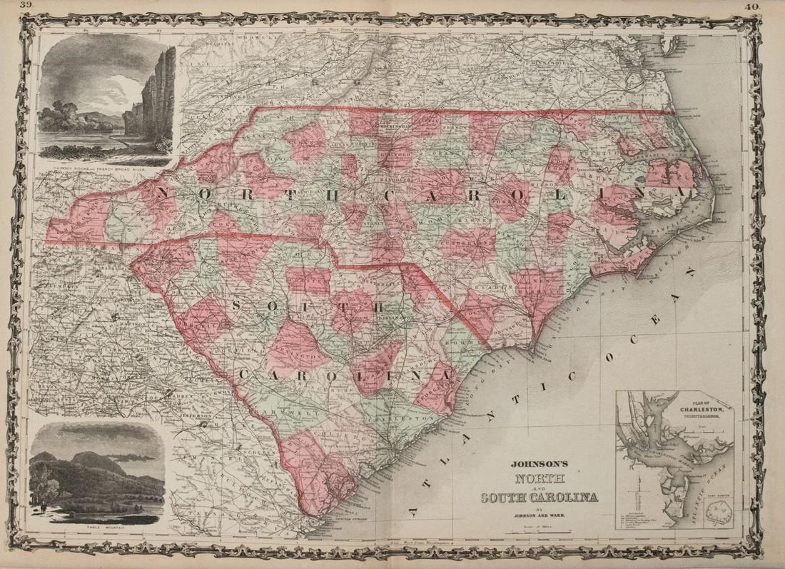 1864 Johnson Map of North and South Carolina --: Title/Content of Map: 1864 Johnson Map of North and South Carolina -- Johnson's North and South Carolina Date Printed: 1864, New York Cartographer: Johnson & Ward Size: 17.3 x 24 in. An excellent, lar