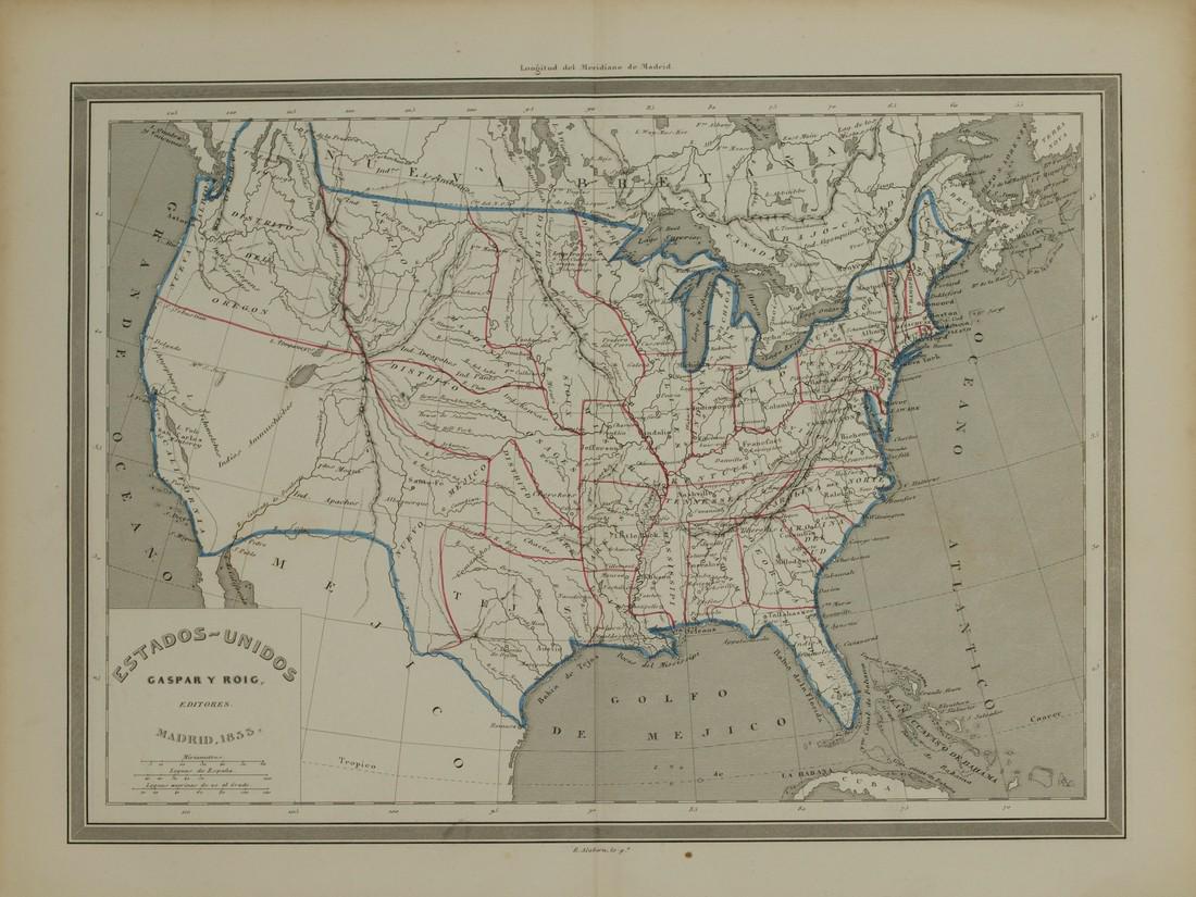 Map of United States painted by hand with acquarello: Nice map of United States of 1853 painted by hand. Author: Gaspar and Roig Date: 1853 Technique: Copper etching Leaf Dimension: 26x33,5 cm (10.2x13.2 inches) Engraving Dimension: 21,5x29,5 cm (8.5x11.