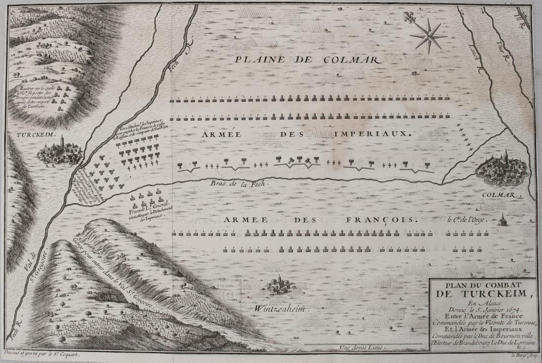1705 Coquart Map of the Battle of Turckheim -- Plan du: Title/Content of Map: 1705 Coquart Map of the Battle of Turckheim -- Plan du Combat de Turckeim En Alsace Donne le 5, Janvier 1674. Entre l'Armee de France... Date Printed: 1705 c., Paris Cartographer