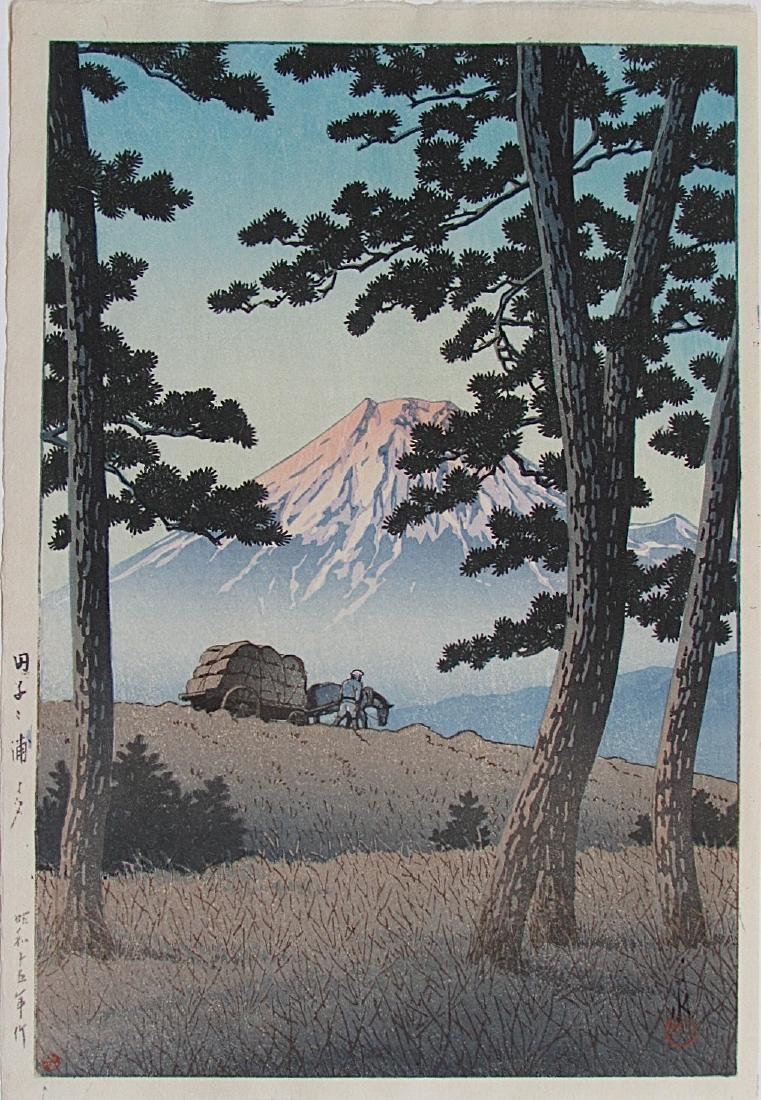 Kawase Hasui Woodblock Dusk at Tagonoura Beach: Artist: HASUI Kawase Subject: Dusk at Tagonoura Beach (1940) Publisher: Watanabe Signature: Hasui Date: Lifetime impression (1946-1957) Medium: Japanese Woodblock Print Format: ôban, 26.5 x 38.8 cm C