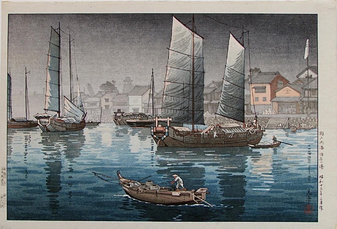 Tsuchiya Koitsu Woodblock Akashi Bay Inland Sea at Seto: Artist: KOITSU Subject: Akashi Bay, Inland Sea at Seto Publisher: Doi, Carver/printer: Harada/Yokoi Signature: Koitsu Date: March 1938 Medium: Japanese Woodblock Print Format: dai-ôban, 42.4 x 28.8 c