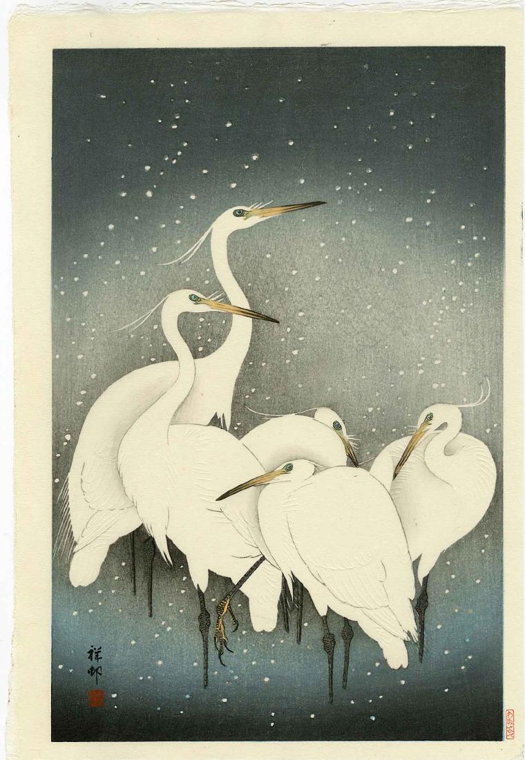 Koson Ohara Woodblock Five Herons in Snow (1 of 2)
