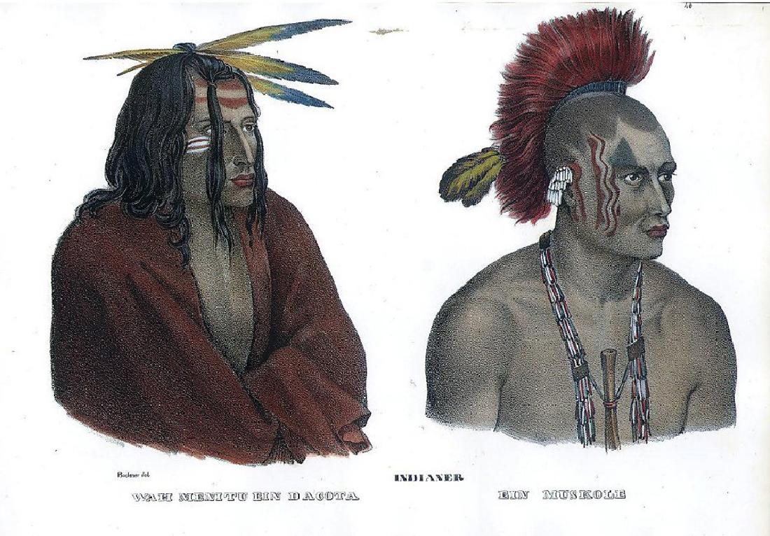 Bodmer Dakota and Muskogee Indians, Swiss Edition: Karl Bodmer’s No. 46. "Wah Menitu Ein Dacota. Ein Muskole." From H.R. Schinz’s Naturgeschichte und Abbildungen des Menschen. Zurich: Honeggerschen Lithographischen Anstalt, 1845. Ca. 11 x 8. Litho