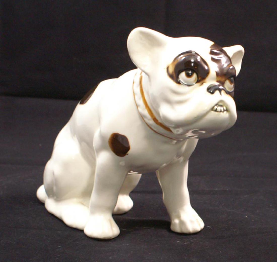 Art Deco Pottery Czech Bulldog Figurine: Art Deco Pottery Czech Bulldog Figurine Circa 1930’s-40’s. 7" tall x 9" long x 4"wide. Czechoslovakian Art Pottery Bulldog Figurine. Airbrushed painted in brown, black & tan on white. Wonderful ex