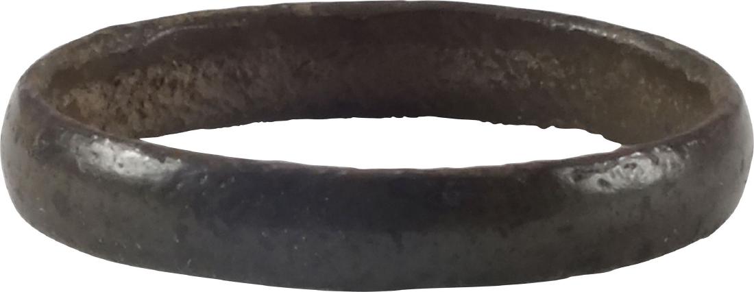 VIKING WEDDING RING, 900-1050 AD: Bronze, size 7 1/4. Medium width band with rounded face. Good glossy green patina. Vikings exchanged rings on the pommel of the groom’s sword. No Reserve: This lot starts at $1 and has no reserve as