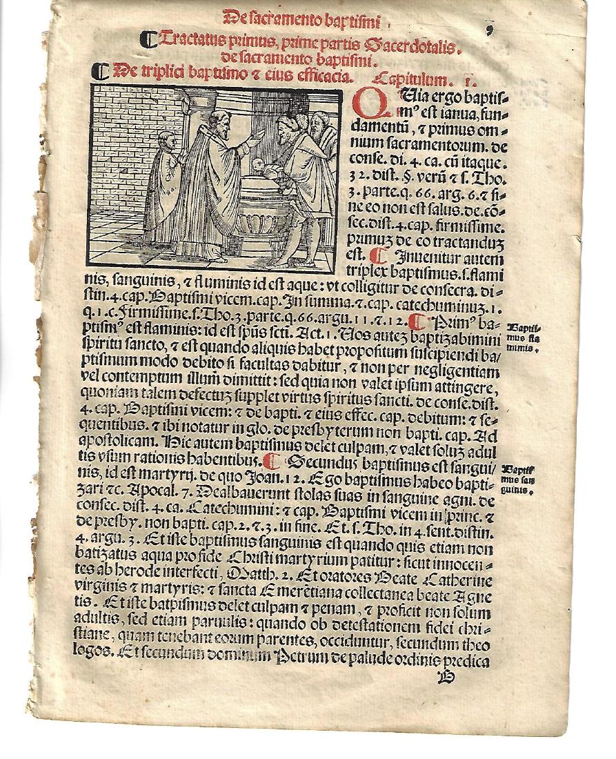 1567 Catholic Prayer Leaf w/ Woodcut: 1567 Catholic prayer leaf printed in red and black, with woodcut, from "Sacerdotal ad Consuetudinem Sacro Sancte…", printed at Venice by Petri Liechtenstein. Fine, measures 6 x 8.5". Please note tha