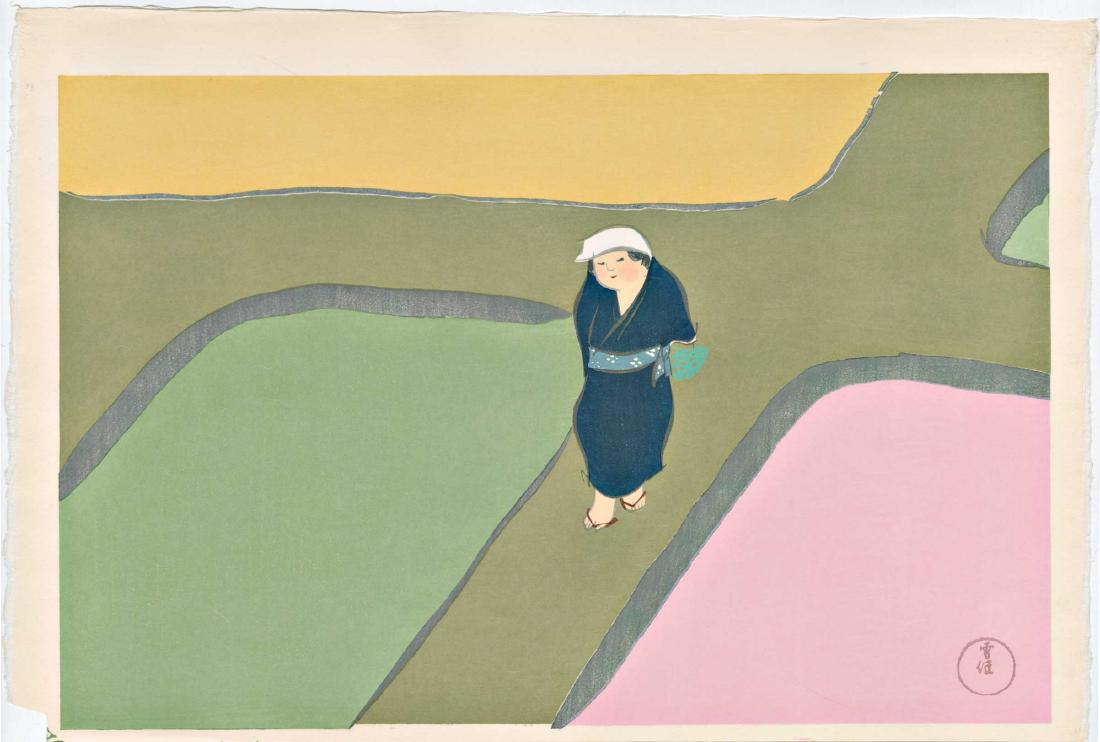 Kamasaka Sekka Woodblock Walking in a Rice Paddy: Artist: Kamasaka Sekka Title: Walking in a Rice Paddy Publisher: Unsodo Date: 1909, this later edition published from the original woodblocks Medium: Japanese woodblock print Size: 20 x 13.24 inches P