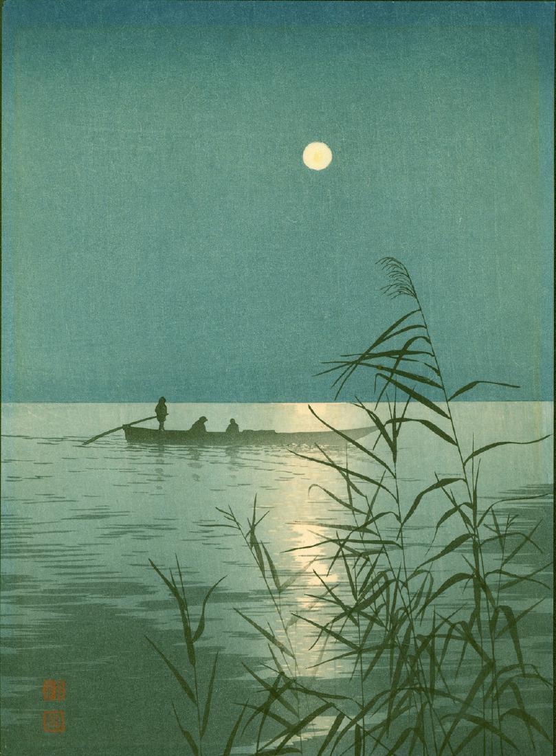 Shoda Koho Woodblock Moonlit Sea: Artist: Shoda Koho Title: Moonlit Sea. From the Hasegawa Night Scenes series Chuban: 9.75 x 7 inches Date: 1930s."Made in Japan" stamped on verso Publisher: Hasegawa/Nishinomiya Yosaku Medium: Japanes