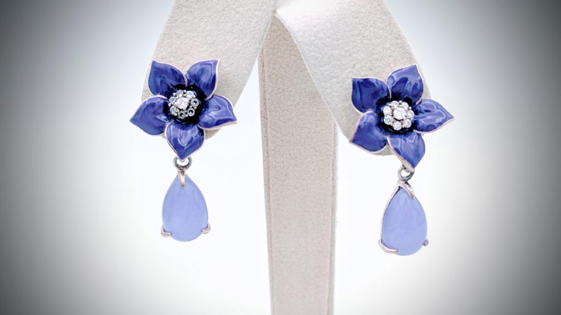 Sterling Silver Violet Jade Flower Earrings with Cubic (1 of 3)