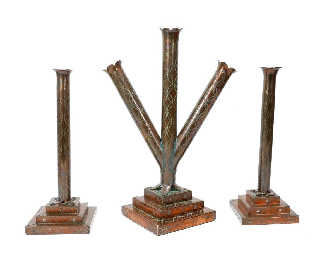 3 Hand Wrought Engraved Copper Mexican Candlesticks (1 of 3)
