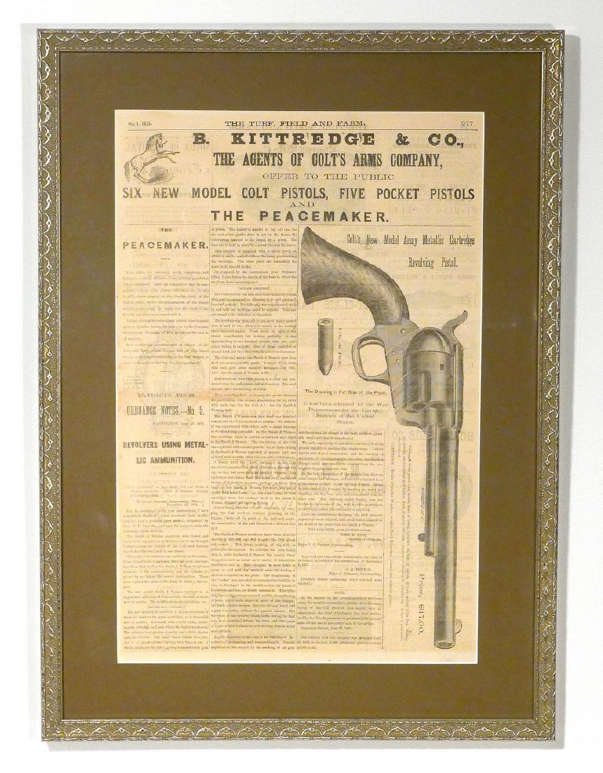 Rare Framed full page newsprint advertisement Kittredge: Rare Framed full page newsprint advertisement by B Kittredge & Co. Date: Dated 1875 Dimensions: Image: 12" X 18". Framed: 16.5" X 22.5" Large advertisement for the New Colt Peacemaker which features a