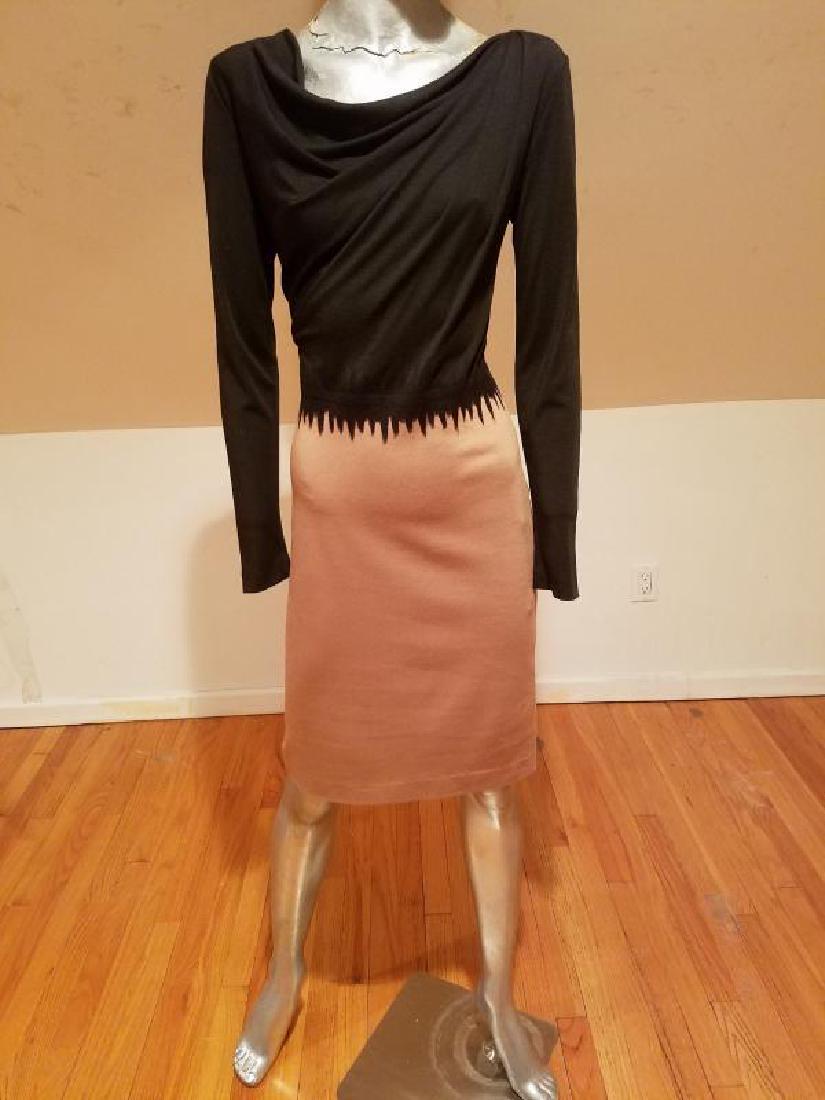 ESCADA COUTURE wool blend beige black draped dress: A stunning Escada Couture draped wool blend dress with long sleeves and gorgeous details Lined and couture finished. Euro size -38 US size-6-8 Bust-36" Waist-32" Hip-38-39" In very good vintage condit
