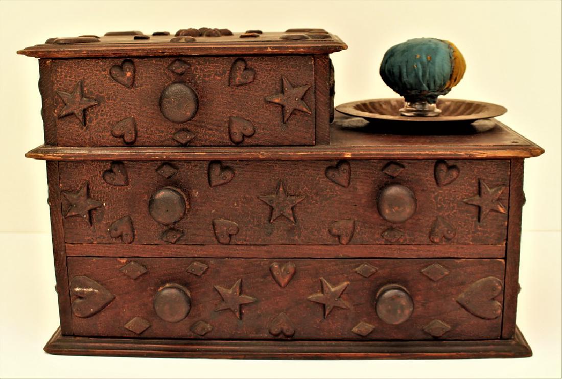 Outstanding 19th Century Sewing Box W Stars, Diamonds (1 of 7)
