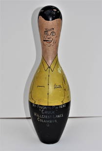 Mid Century Folk Art Bowling Pin "My Favorite Pin-head": Fun, mid century, painted bowling pin. "MY FAVORITE PIN-HEAD, CHUCK, HILLCREST LANES, COLUMBUS, OHIO". Black, yellow and flesh color paint. Size: 15" tall. Condition: Some nicks, chips and scuffs as s