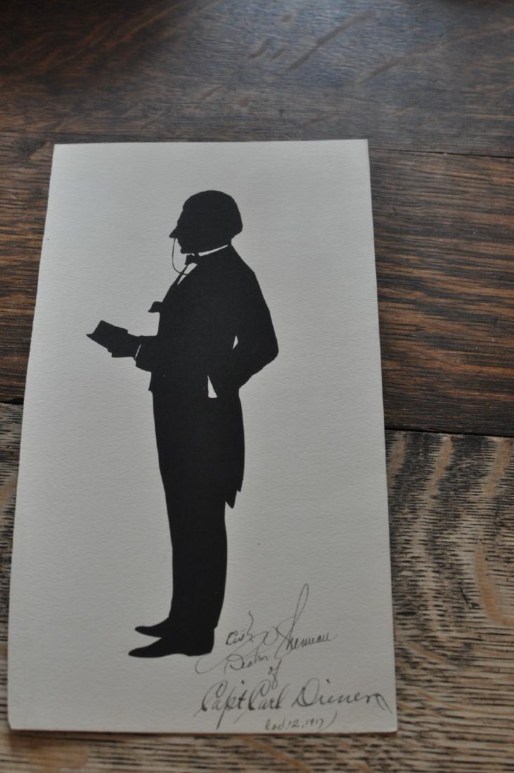 Autographed Silhouette of Captain Carl Diener: Autographed silhouette of Captain Carl Diener by Beatrix Sherman, the sitter was an Austrian geographer, geologist, and paleontologist dated 1917 Paper silhouette with cardboard backing 12" x 6" backi