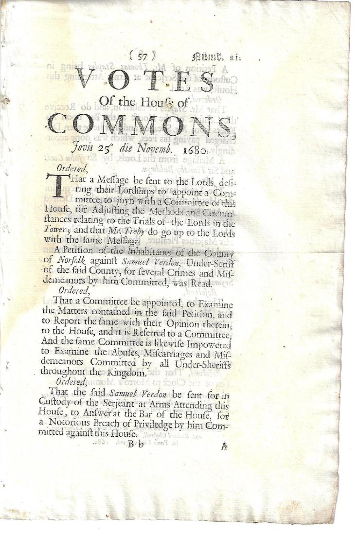 1680 Votes of House of Commons Newspaper: The November 25, 1680 issue of "Votes of the House of Commons", printed at London for John Wright. Single-sheet complete issue. Fine condition, measures 7.5 x 12". Please note that this lot has a conf