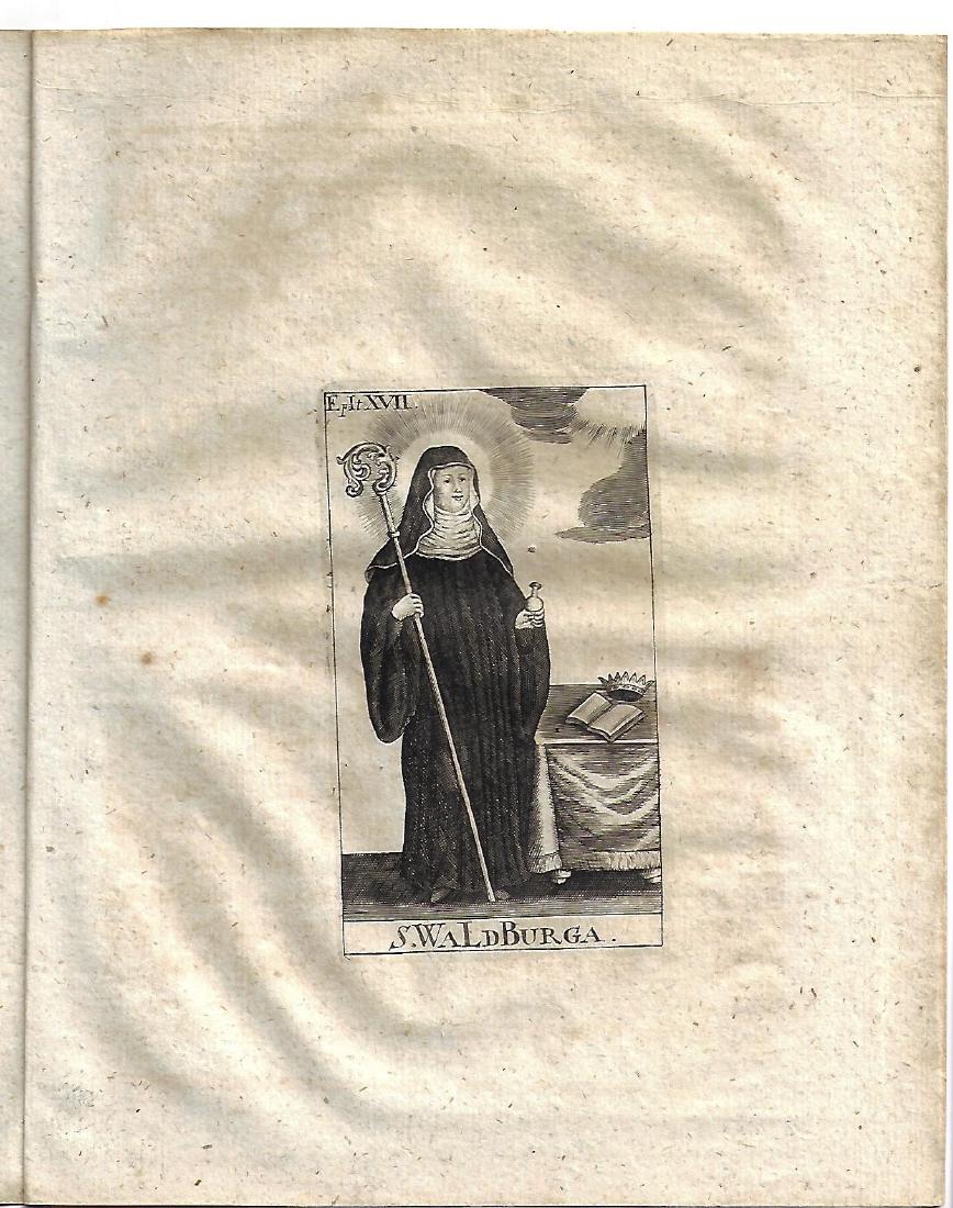 1730 Epistola Itineraria Bruckmann w/ Plate: Epistola Itineraria XVII. De Sanctis Medicis Et Oleo Sanctae Waldburgae…, by Joh. Bernh. Hasse, printed at Wolffenbuttelae, MDCCXXX (1730). Title, 6, Engraved plate. Disbound, Fine condition, measur