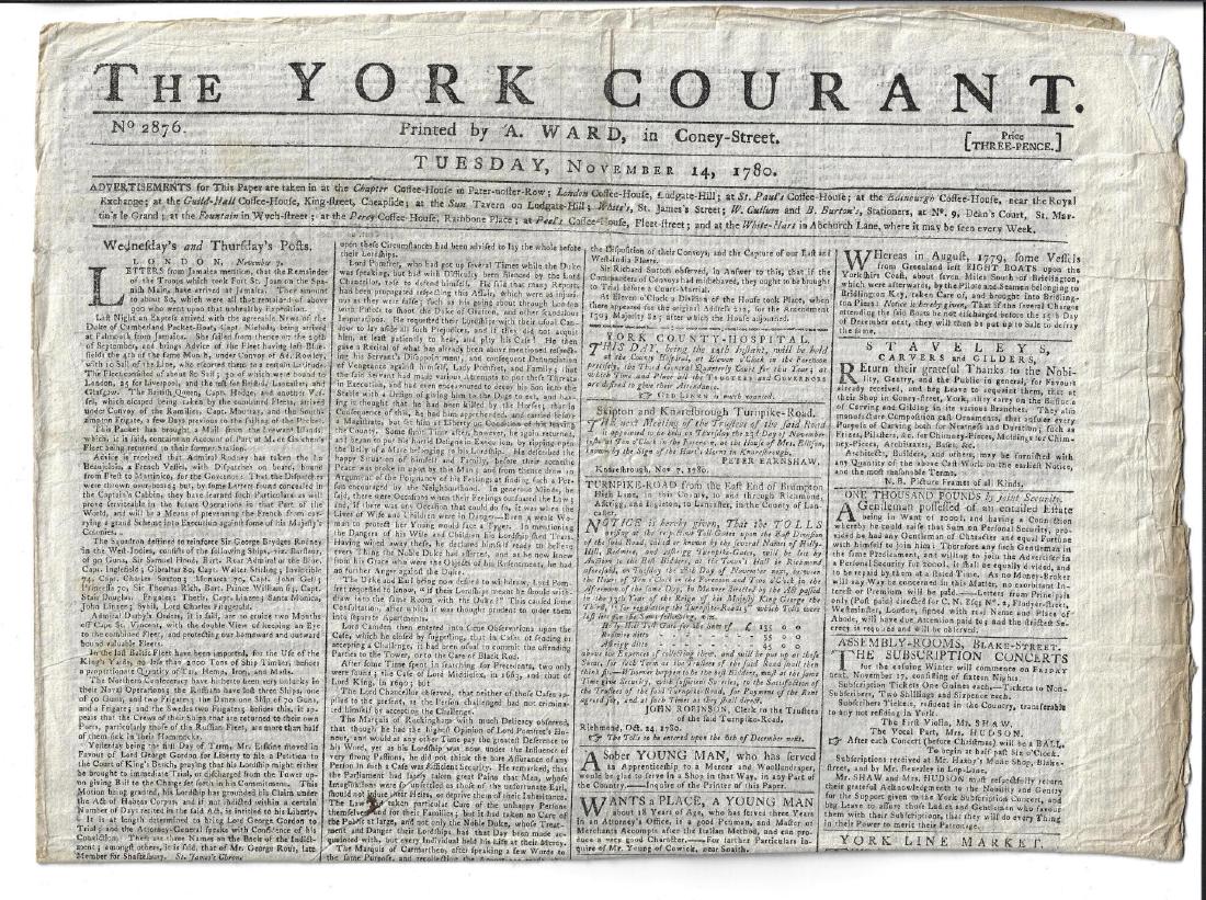 1780 English Newspaper Revolutionary War: The York Courant, for November 14, 1780, printed by A. Ward , large folio four pages. Interesting content with some tidbits related to the Revolutionary War. Nice advertisements. Very Good. Please not