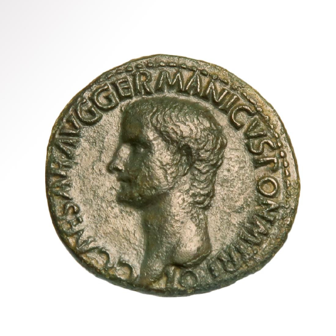 Emperor Caligula, Roman Bronze Coin, c. 37-41 A.D.: Emperor Caligula, Roman Bronze Coin, c. 37-41 A.D. Date & Origin: Roman, c. 37-41 A.D. Obv.: CAESAR AVG GERMANICVS PON M TR POT, bare head left. Reverse: VESTA S C, Vesta enthroned left, patera extend