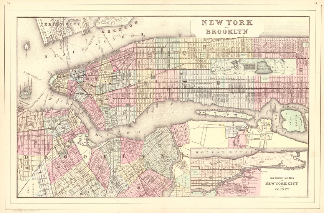 New York and Brooklyn: Title: New York and Brooklyn Date: 1884 Â© Cartographer: MITCHELL, SAMUEL AUGUSTUS (JR.) Size: 13.5 X 21 Inset, Northern portion of New York City and County. Simplified plan showing major streets an