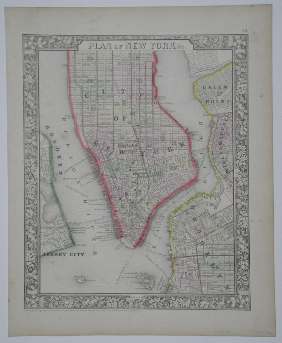 Plan of New York &C.: Title: Plan of New York &C. Date: 1860 ca. Cartographer: MITCHELL, S. AUGUSTUS, JR. Size: 12.75 X 10.5 Map 23 from a Mitchell atlas but not the New General. From the Battery north to 45th St. Floral b