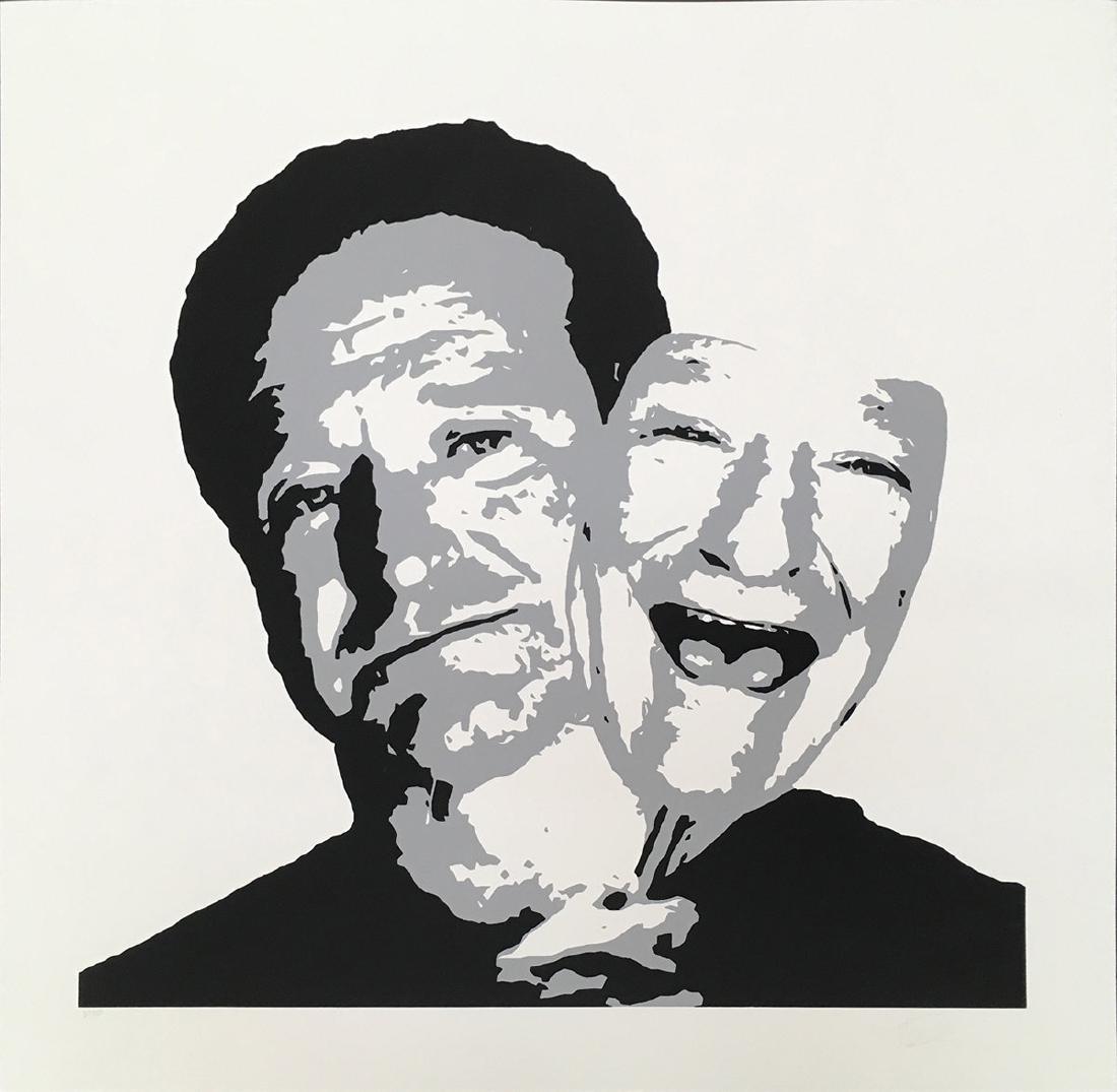 Plastic Jesus Screen Print Behind the Mask - Robin: Artist: Plastic Jesus Title: Behind the Mask - Robin Williams Medium: Screen print on archival paper Size: 24 x 24 in Limited edition of 50 33/50 Please note that this lot has a confidential reserve.