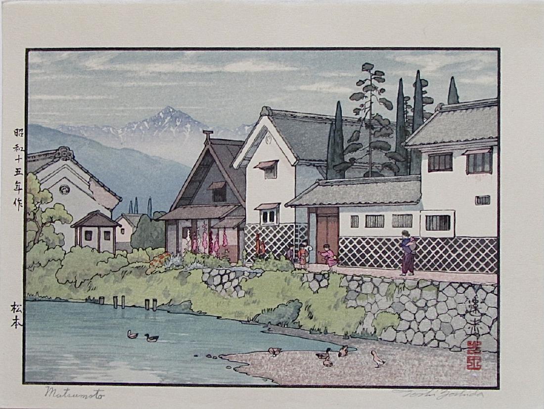 Toshi Yoshida Woodblock Matsumoto: Artist: Toshi YOSHIDA (1911-1995) Subject: Matsumoto, 1940 Publisher: Yoshida studio Signature: Toshi Yoshida in pencil Date: 1940 Medium: Japanese Woodblock Print Format: chûban, 27 x 20.1 cm Condit